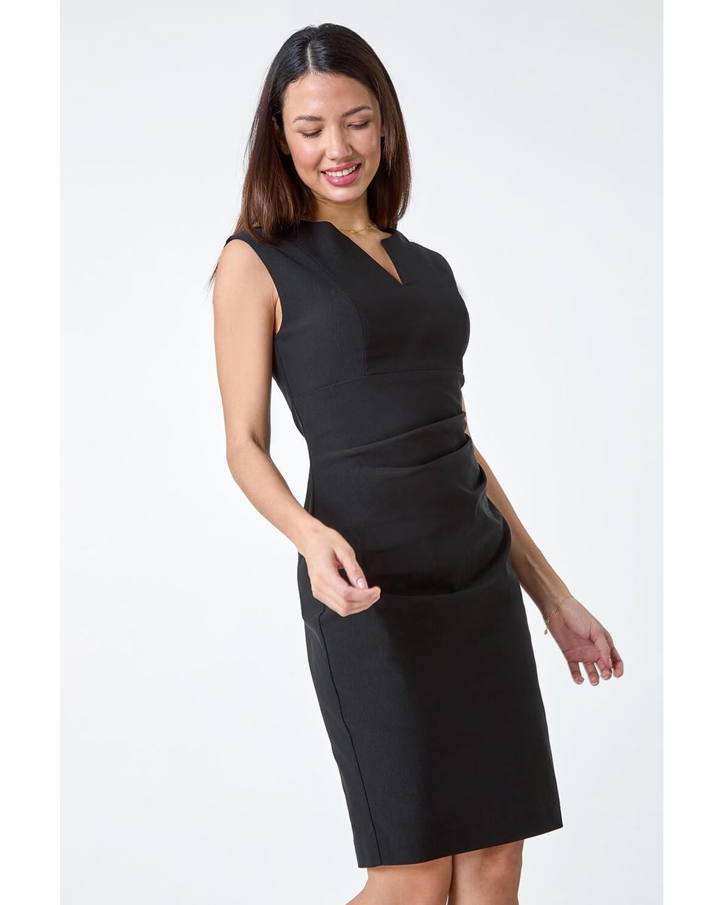 Roman Black Sleeveless Ruched Bodycon Stretch Dress