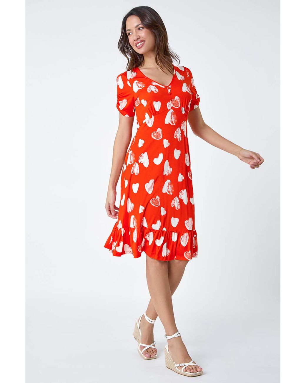 Roman Red Heart Print Frill Hem Stretch Dress