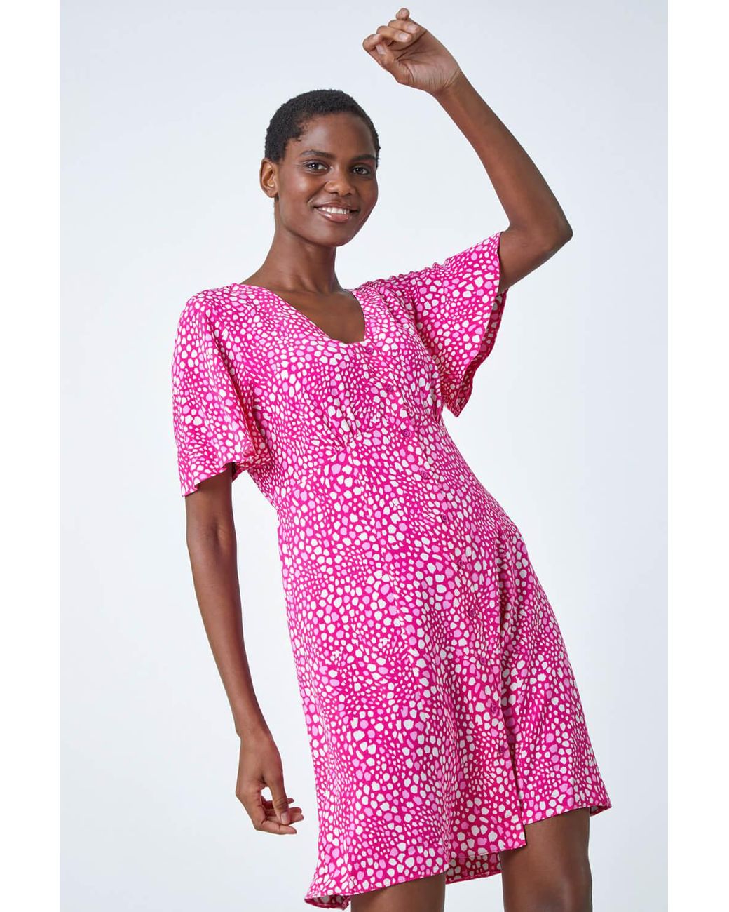 Roman Pink Ditsy Spot Print Button Dress