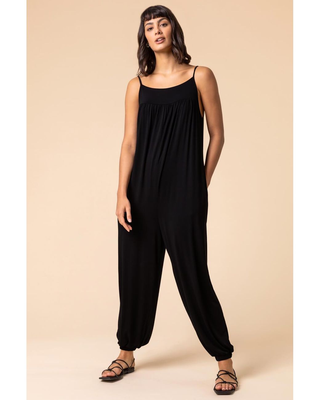 Roman Black Strappy Full Length Stretch Jumpsuit