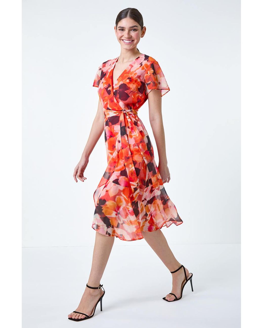Roman Red Floral Print Chiffon Wrap Dress