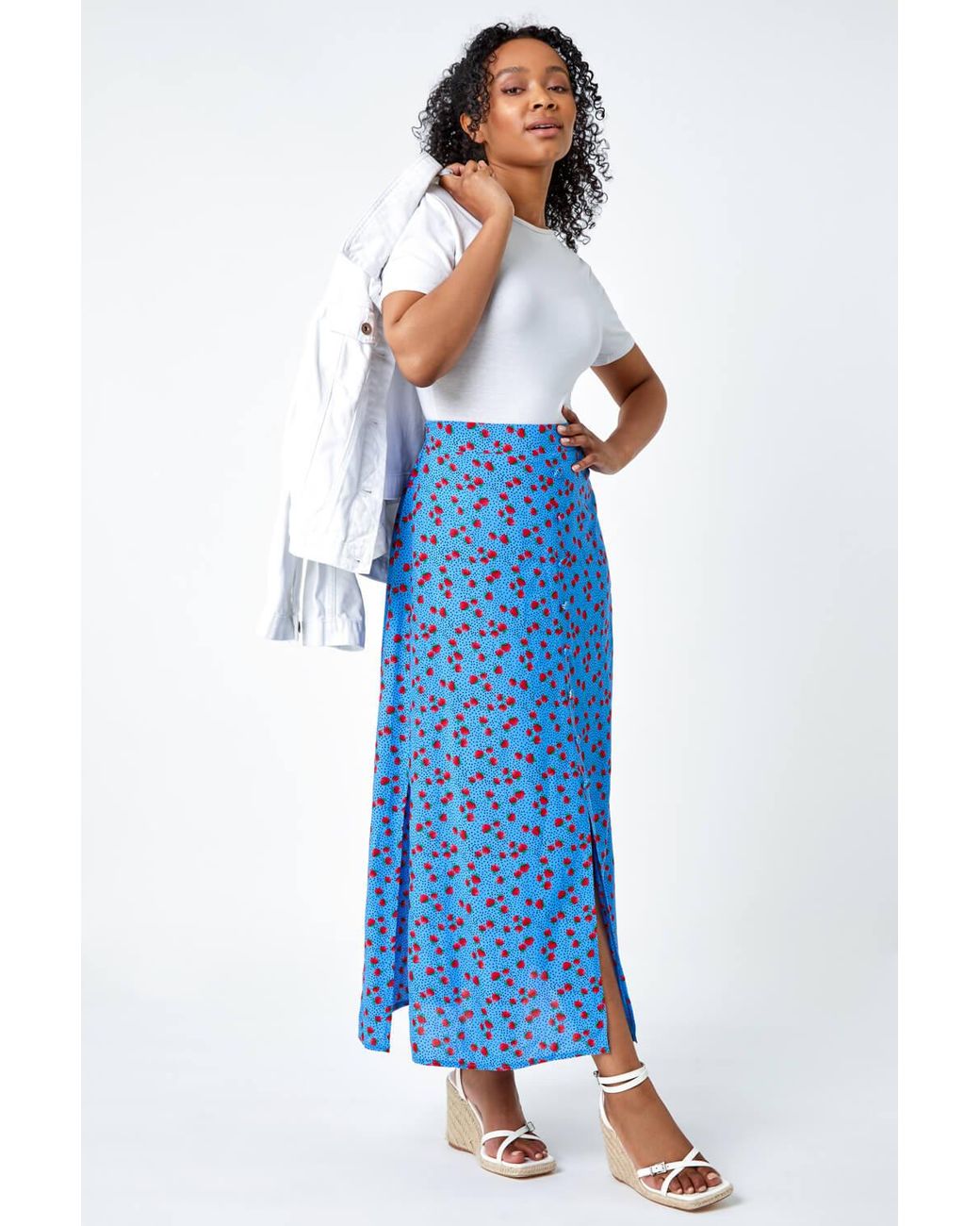 Roman Petite Blue Strawberry Button Elastic Waist Skirt