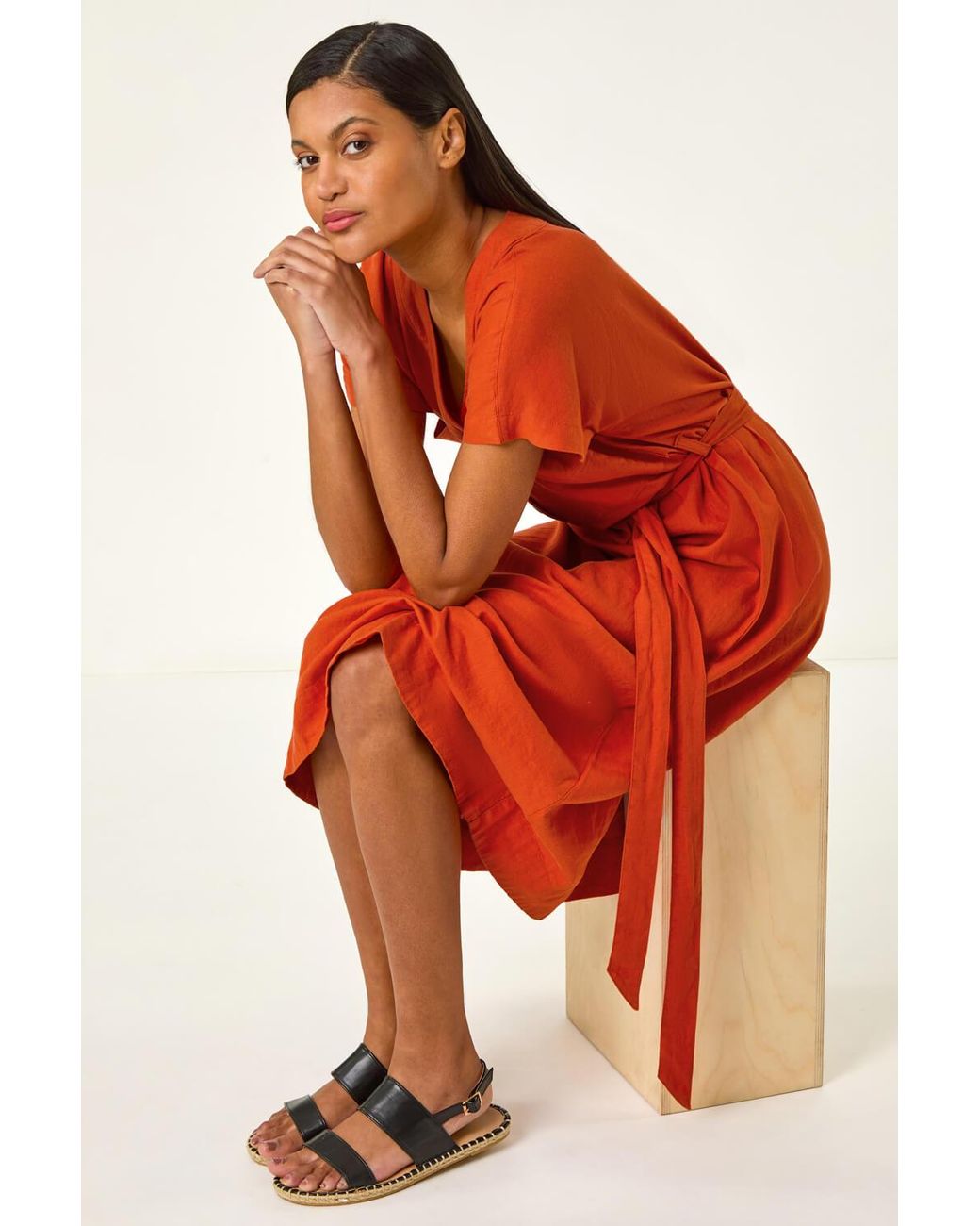 Roman Red Button Linen Mix Midi Dress