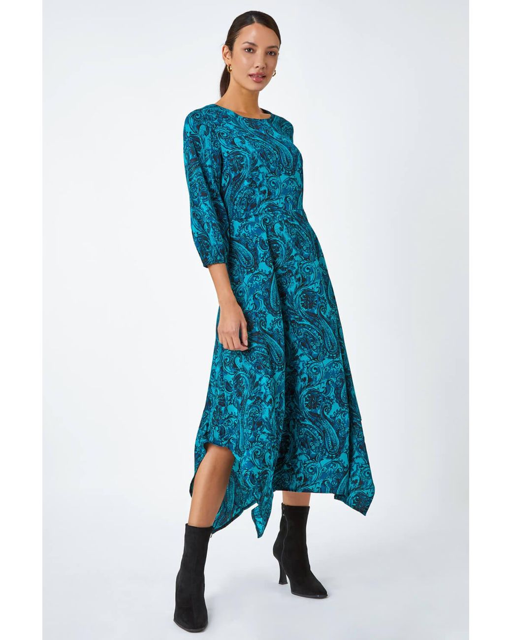 Roman Blue Paisley Print Hanky Hem Midi Dress