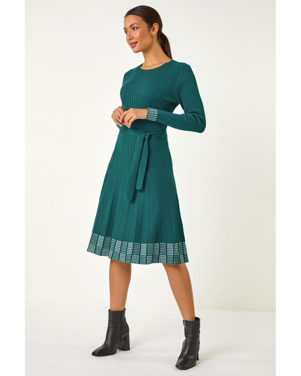 Roman Green Ribbed Stretch Knit Border Print Dress