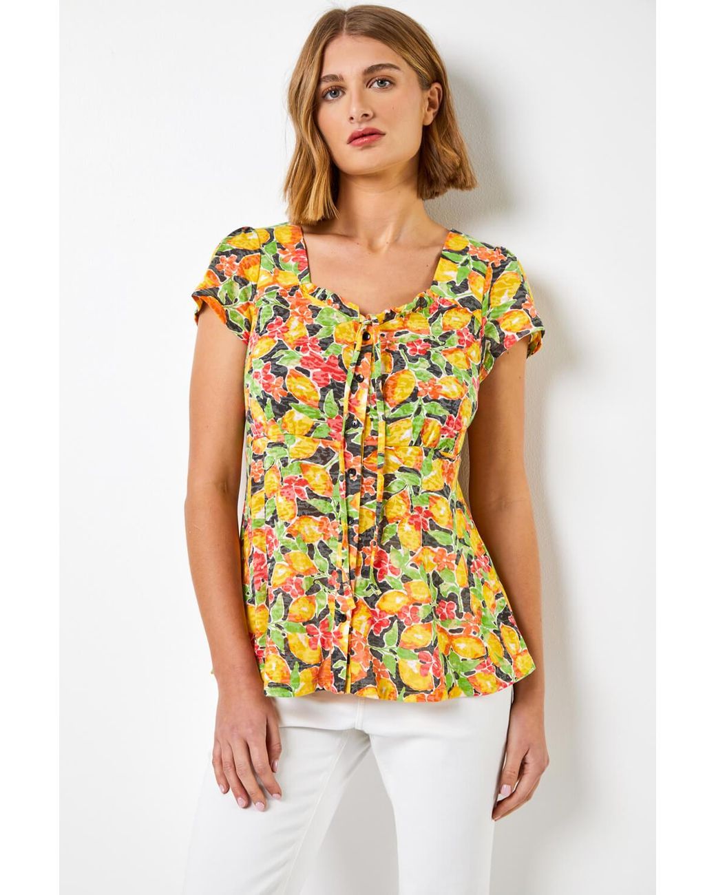 Roman Yellow Lemon Print Tie Detail Top