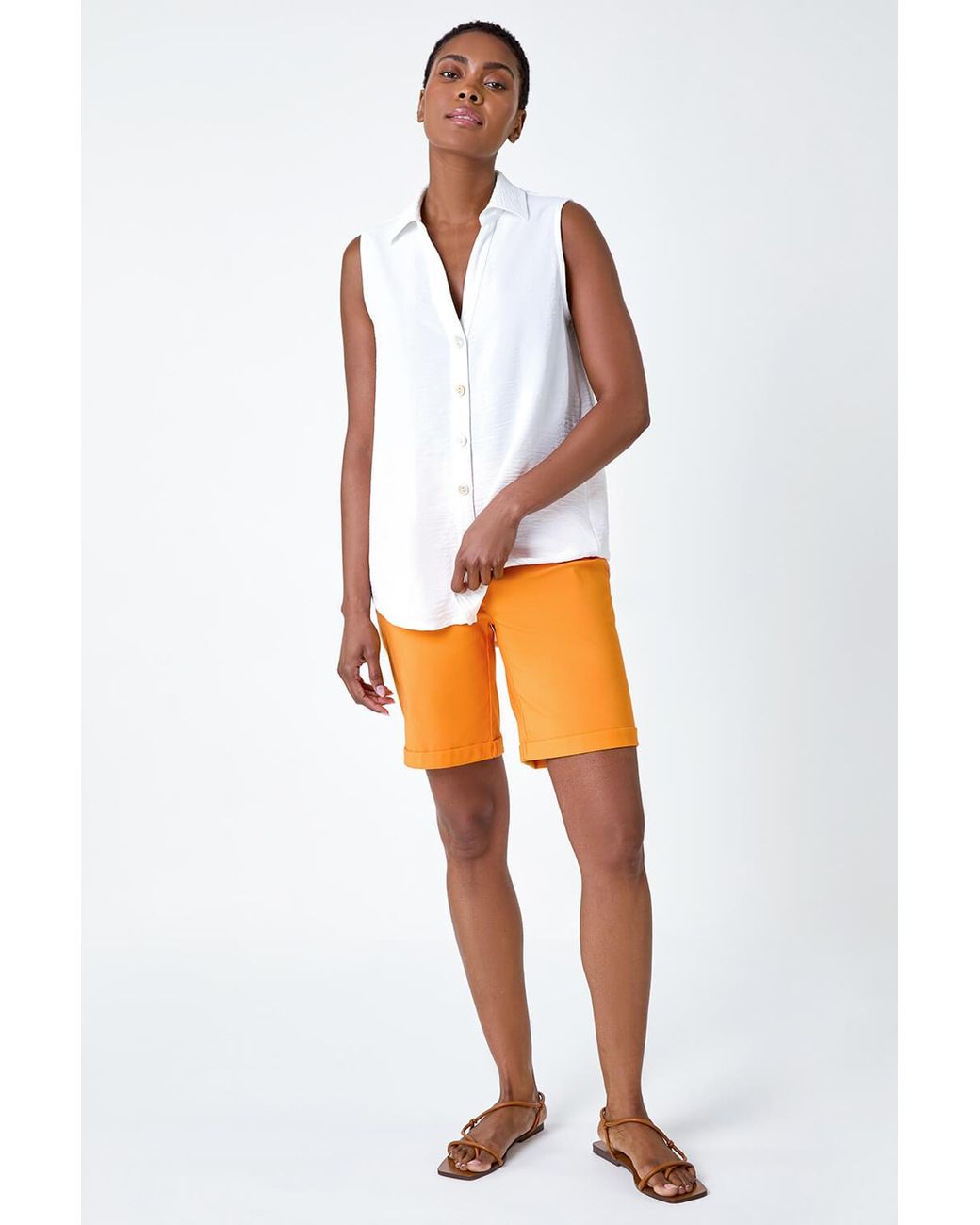 Roman Orange Elastic Waist Turn Up Stretch Shorts