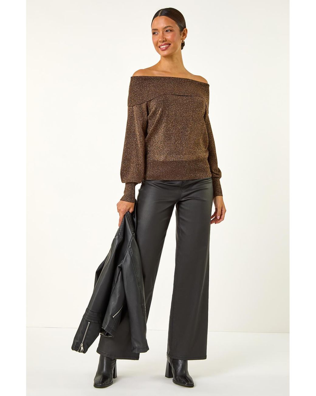 Roman Brown Bardot Shimmer Knit Jumper