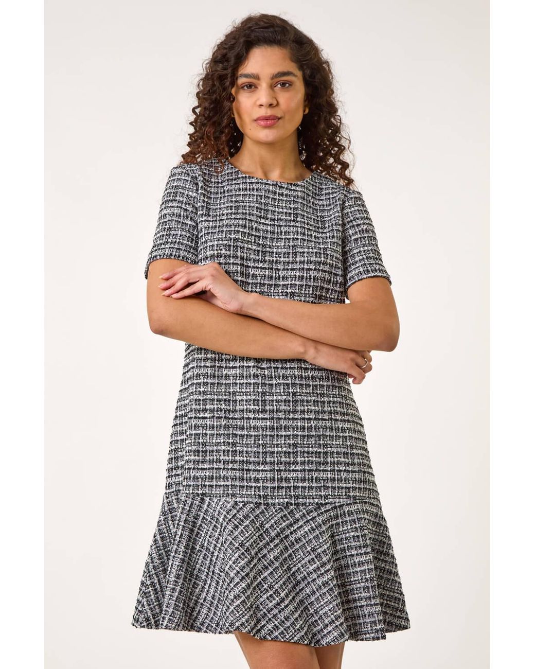 Roman Gray Textured Frill Hem Stretch Dress