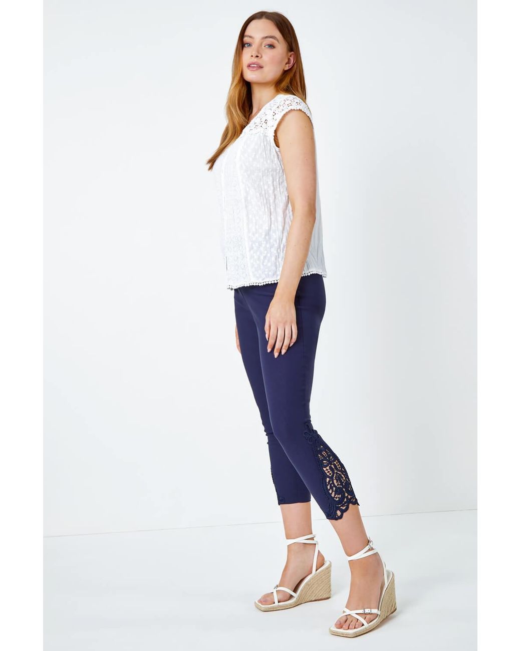 Roman Blue Lace Insert Crop Stretch Trousers