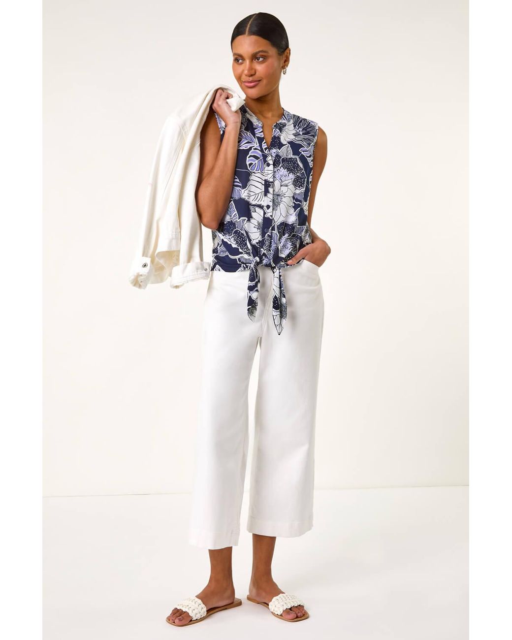 Roman Blue Textured Floral Tie Blouse
