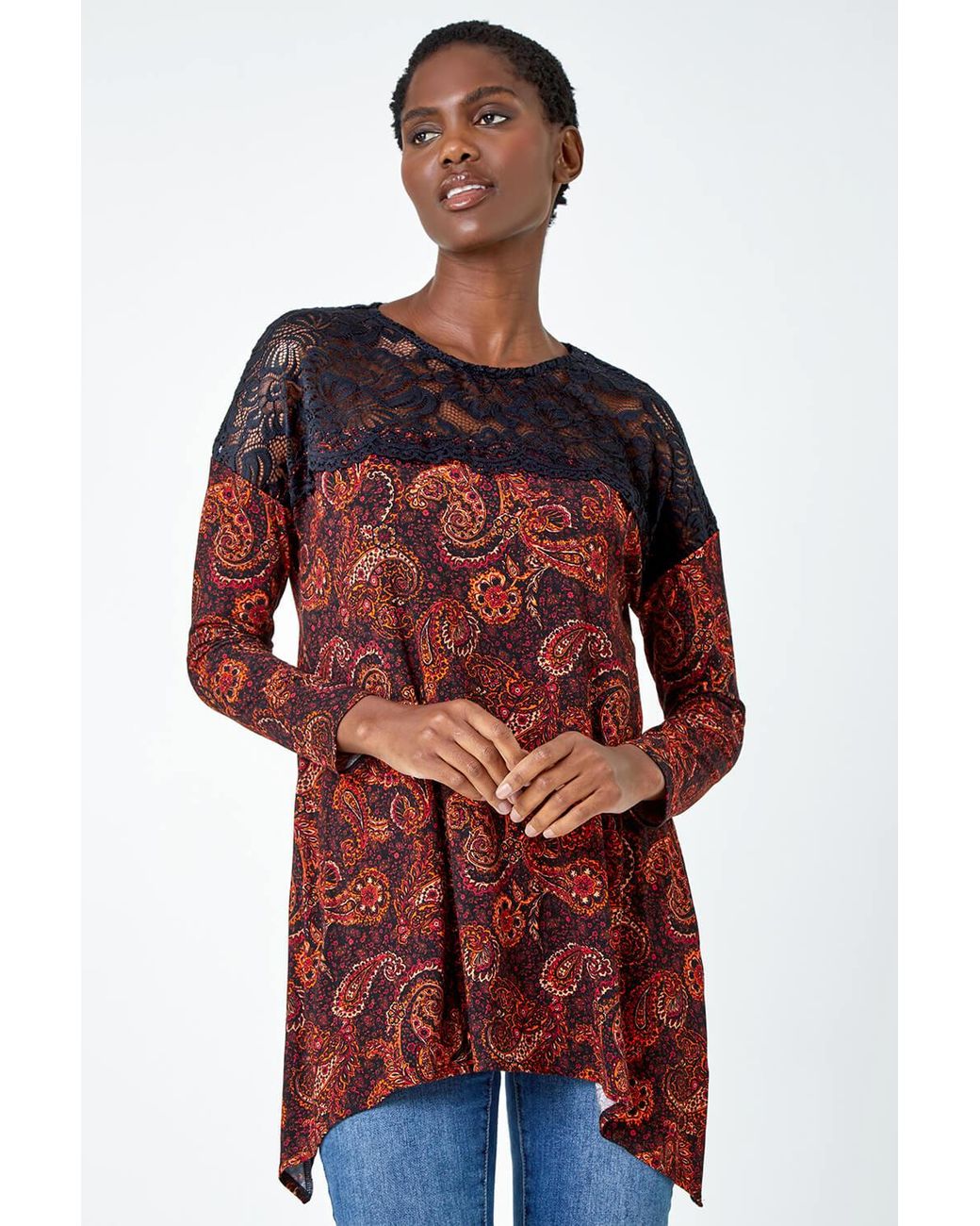 Roman Red Lace Detail Paisley Print Stretch Top