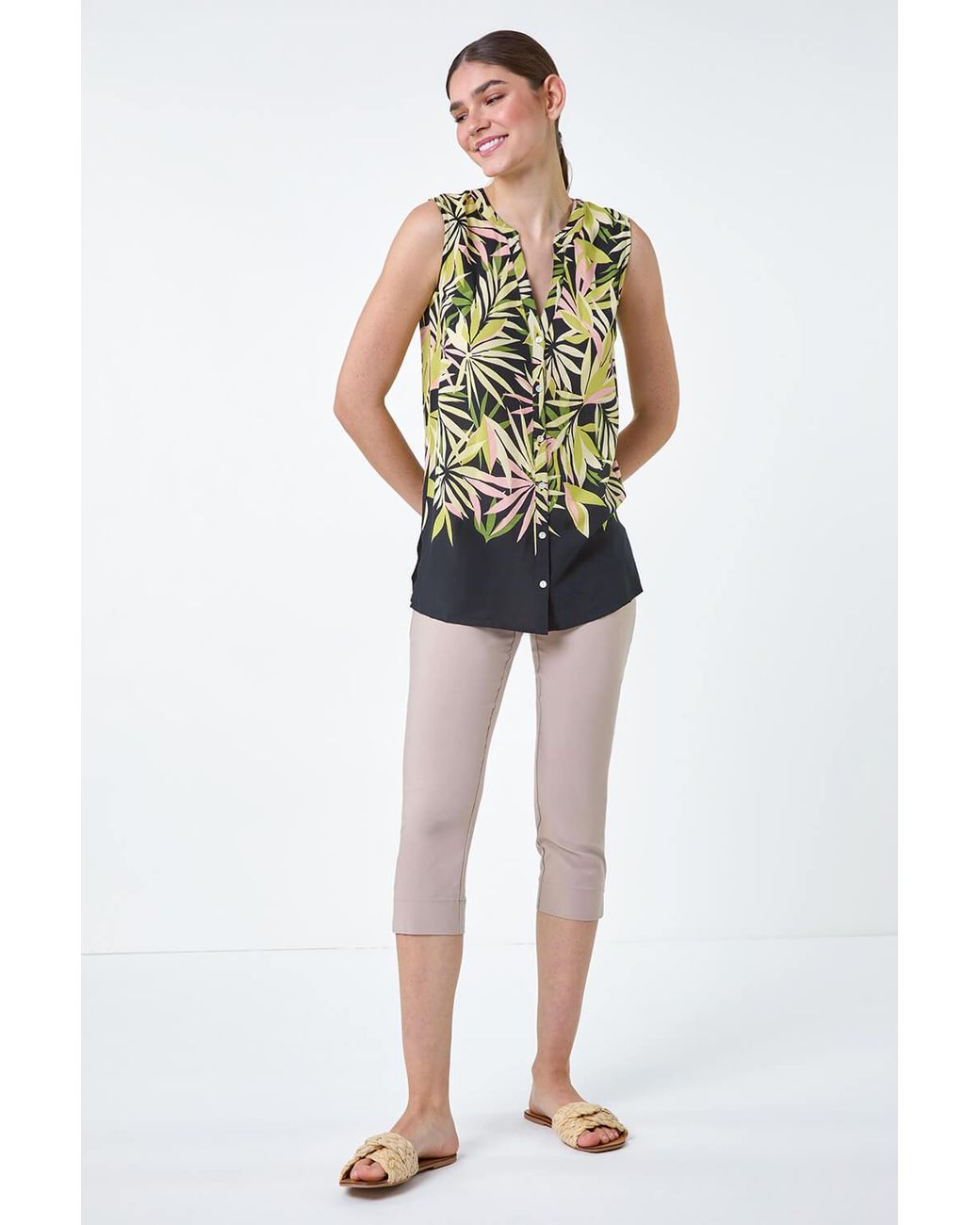 Roman Green Sleeveless Leaf Print Blouse