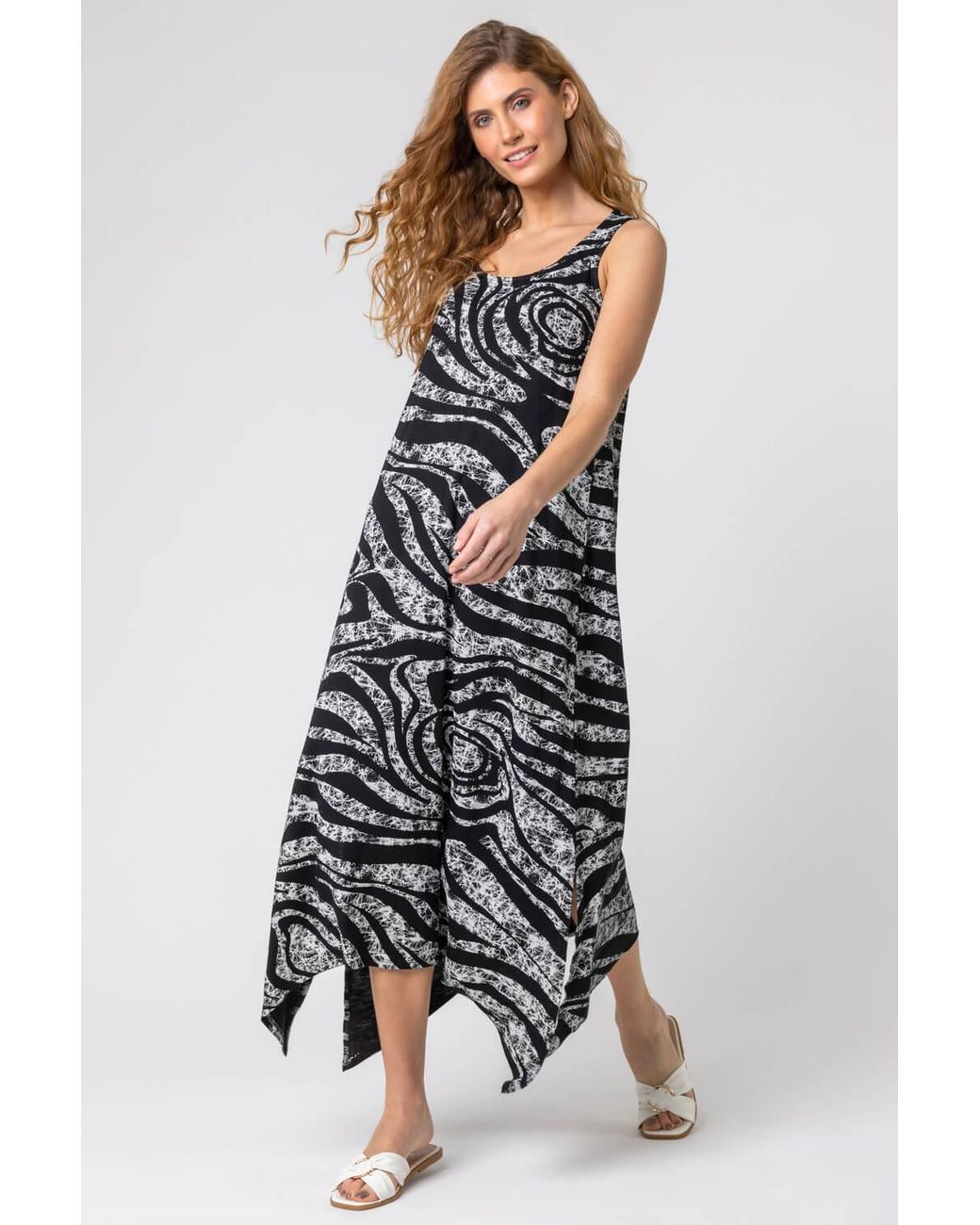 Roman Gray Zebra Print Hanky Hem Maxi Dress