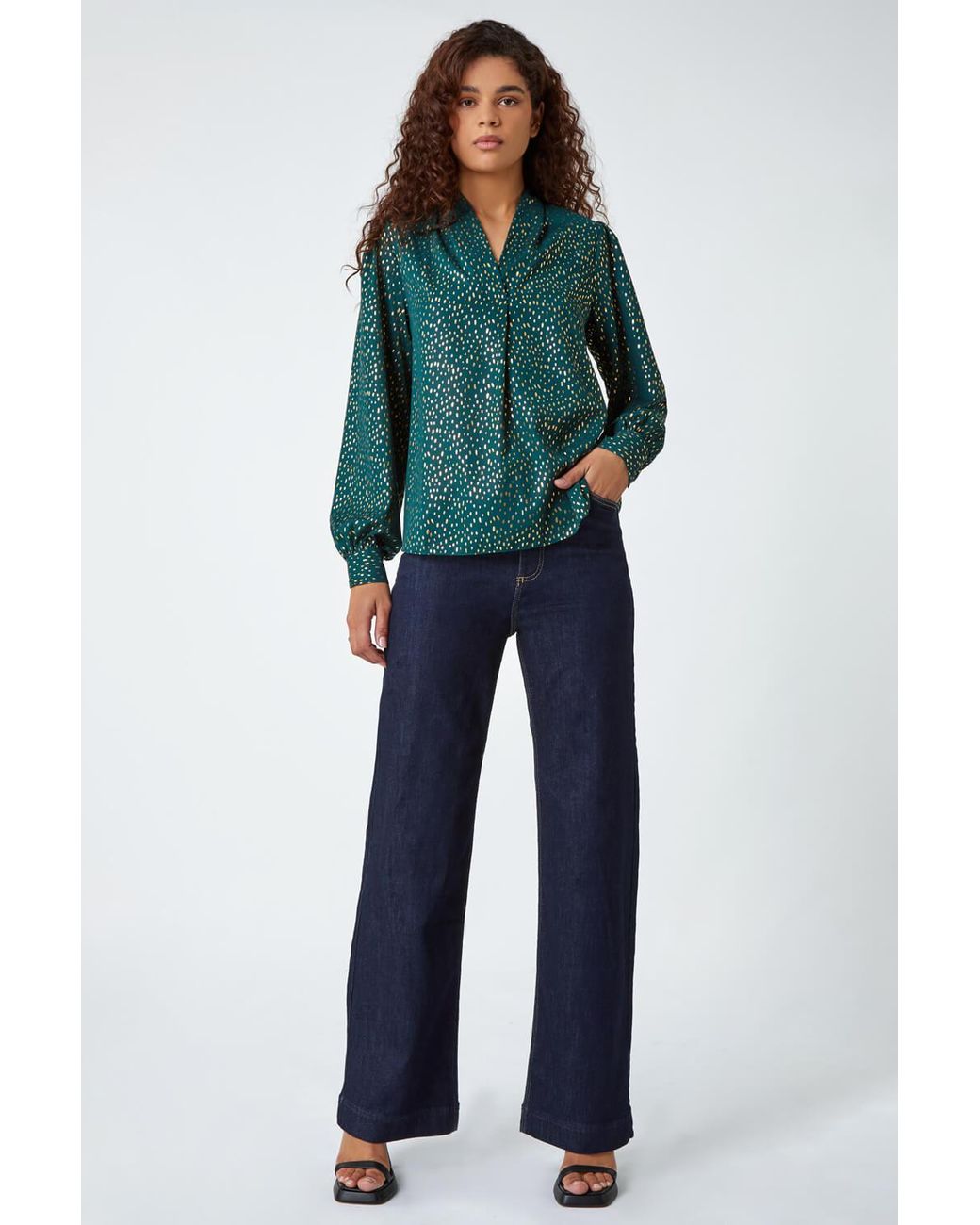 Roman Green Metallic Spot Print V-Neck Pleat Detail Top
