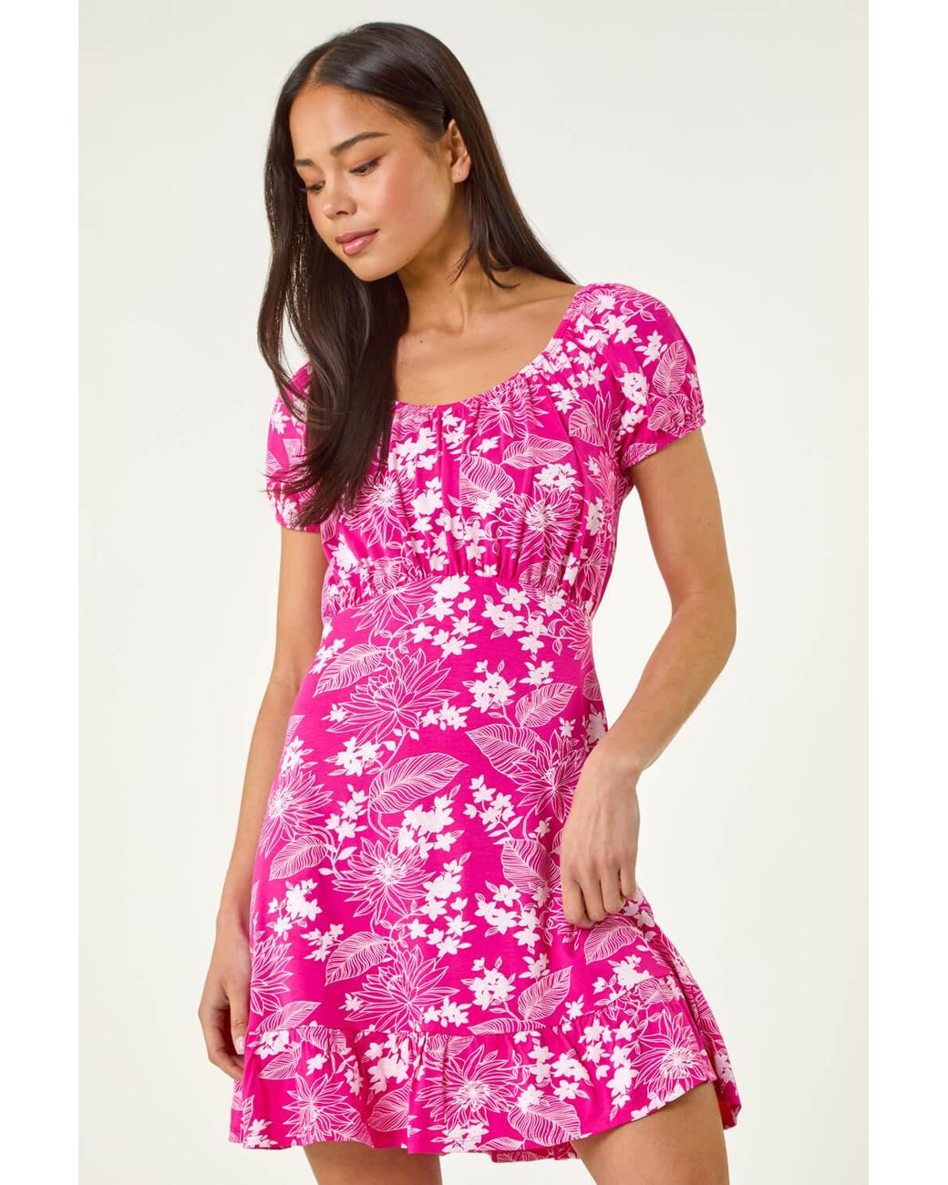 Roman Petite Pink Floral Frill Ruched Dress