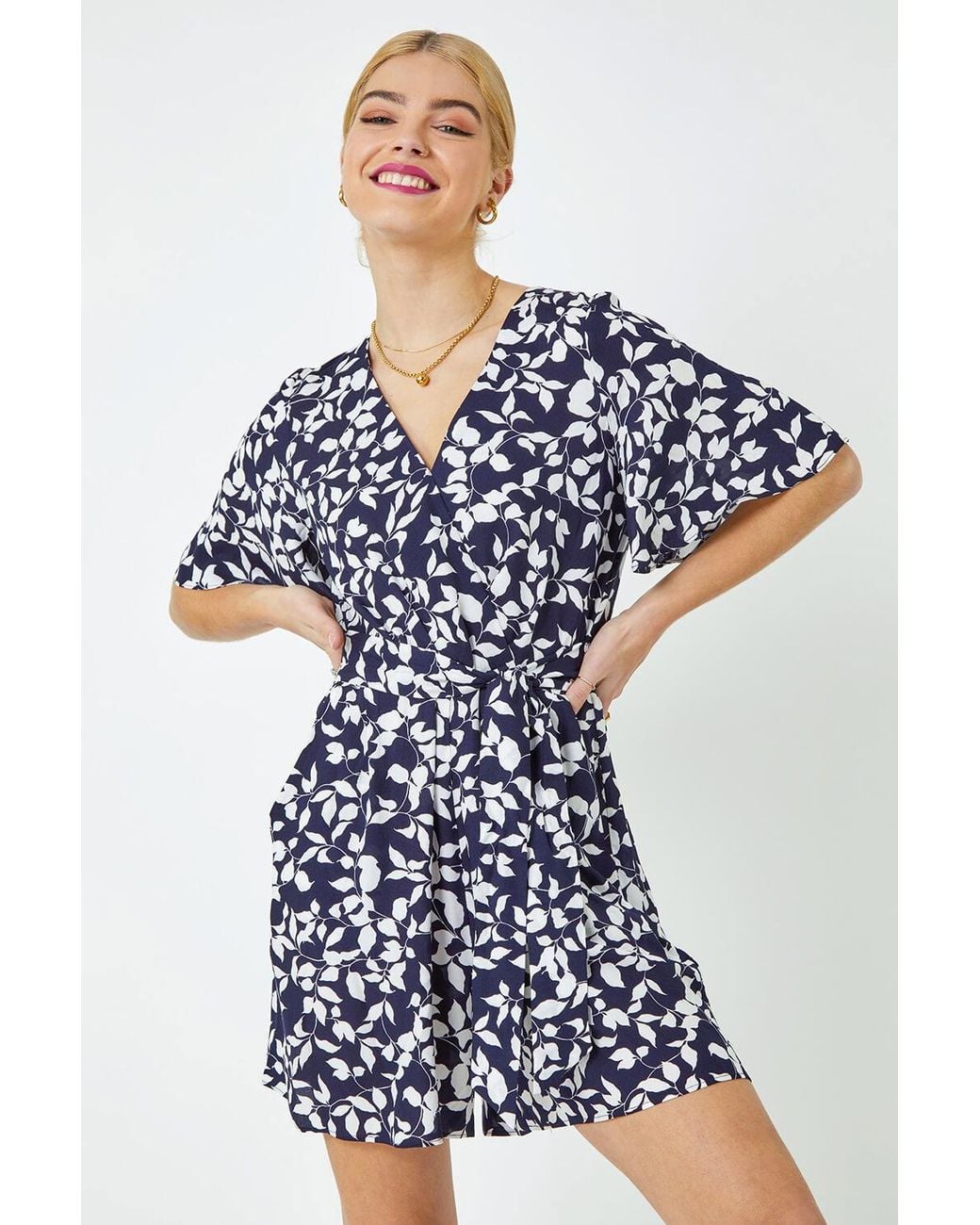 D.u.s.k Blue Leaf Print Belted Wrap Playsuit