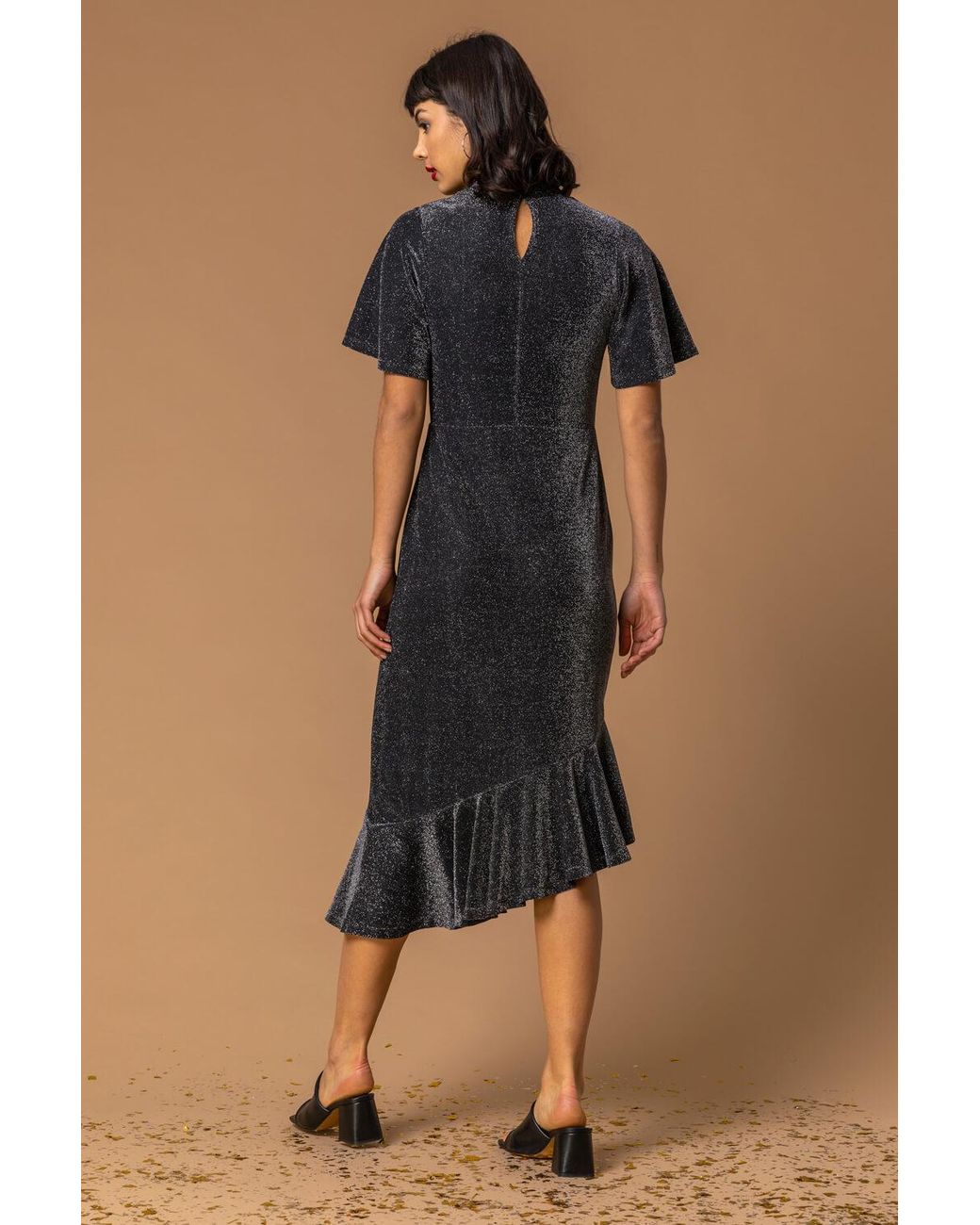 Roman Black Shimmer Asymmetric Hem Dress