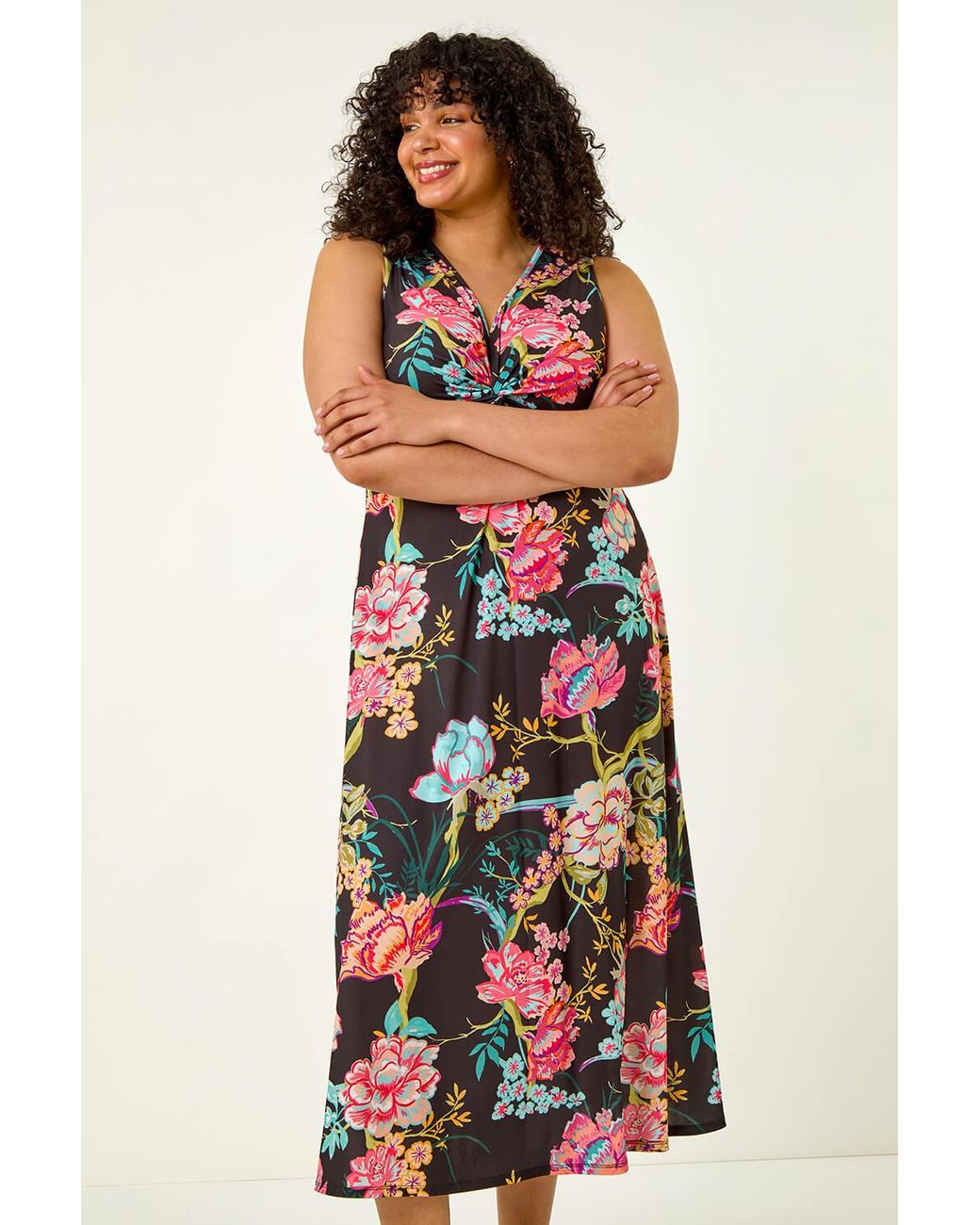 Roman Curve White Twist Front Floral Stretch Maxi Dress