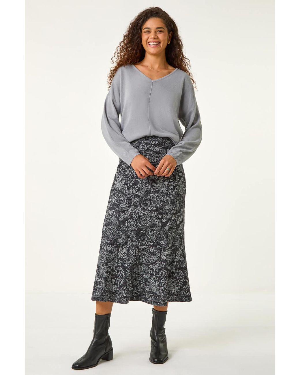 Roman Gray Leaf Print Panelled Tulip Skirt