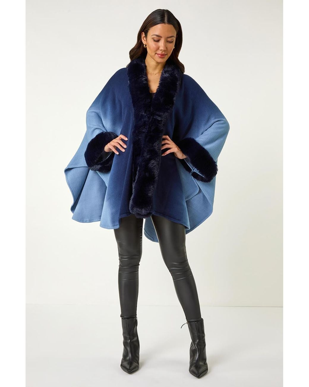 Roman Blue Dip Dye Faux Fur Trim Cape