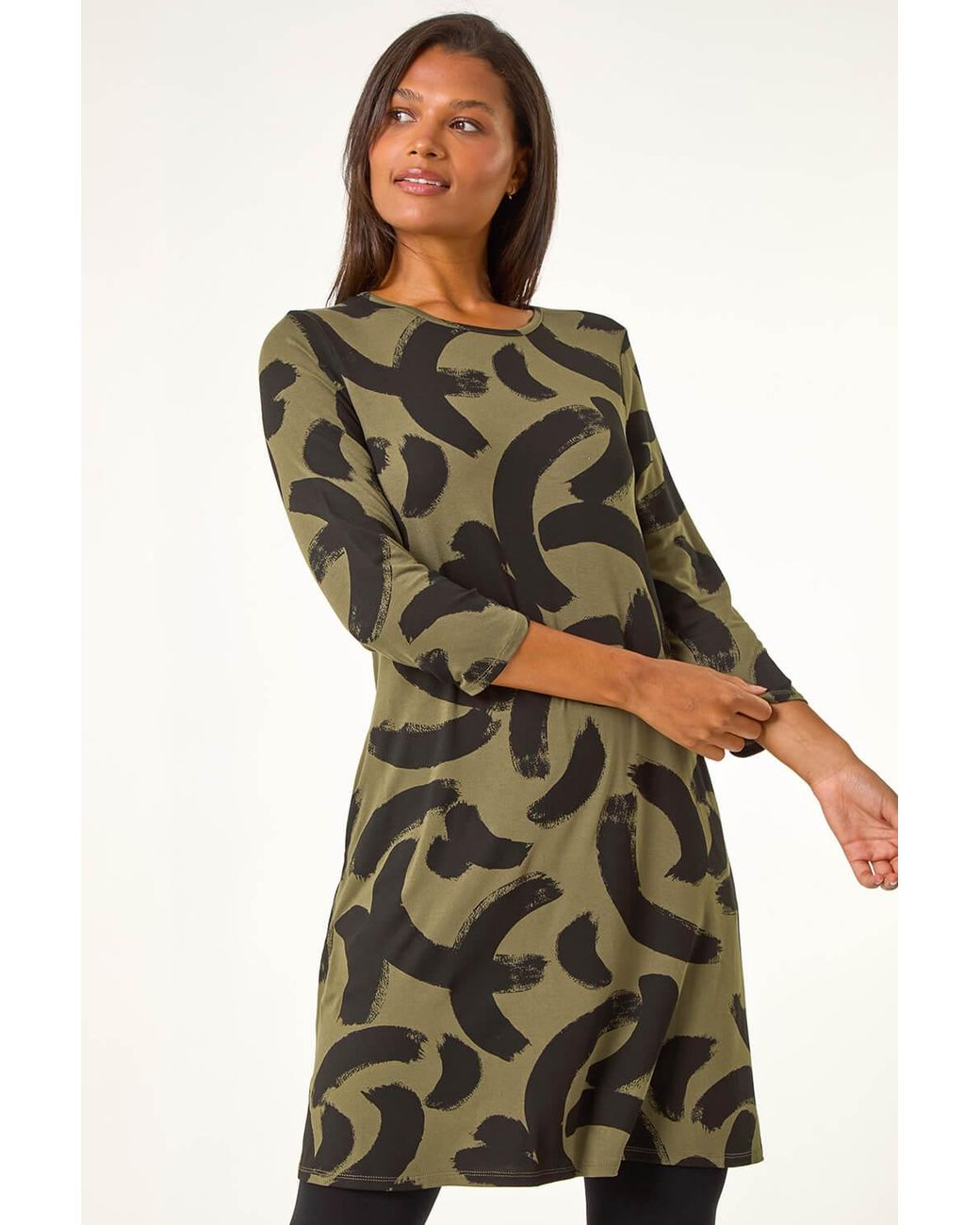 Roman Green Brushstroke A-Line Stretch Dress