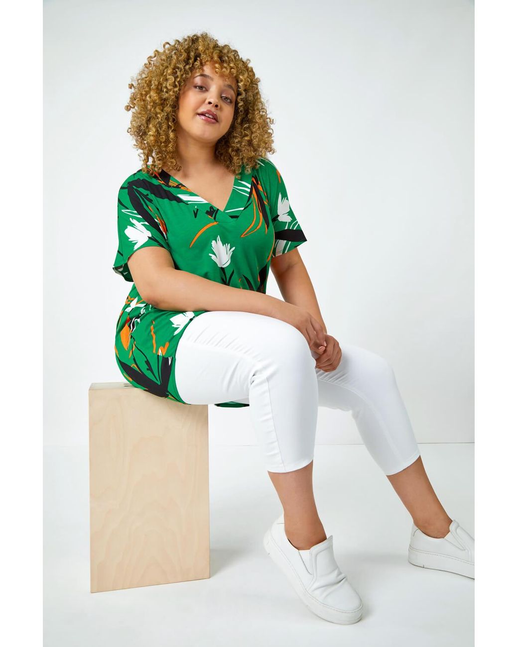 Roman Curve Green Printed V-Neck Stretch Jersey Top