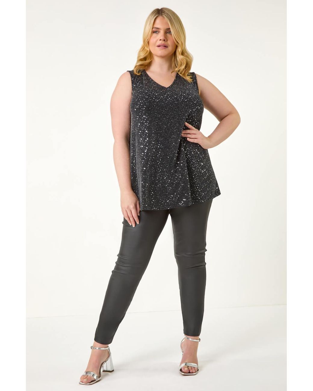 Roman Curve Black Sparkle Vest Stretch Top