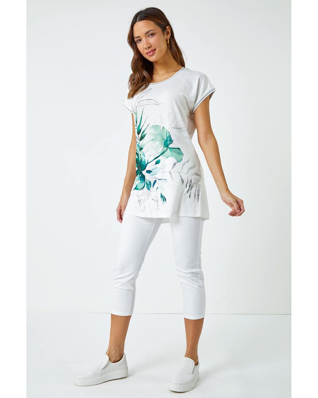 Roman White Palm Print Embellished Tunic Top