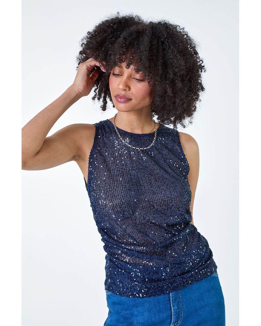 Roman Blue Sequin Embellished Stretch Vest Top