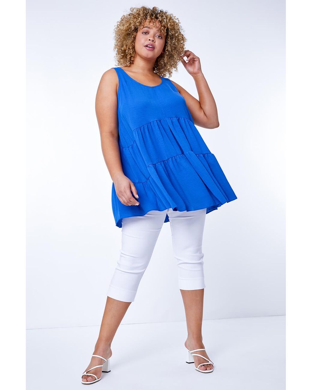 Roman Curve Blue Plain Tiered Tunic Vest Top