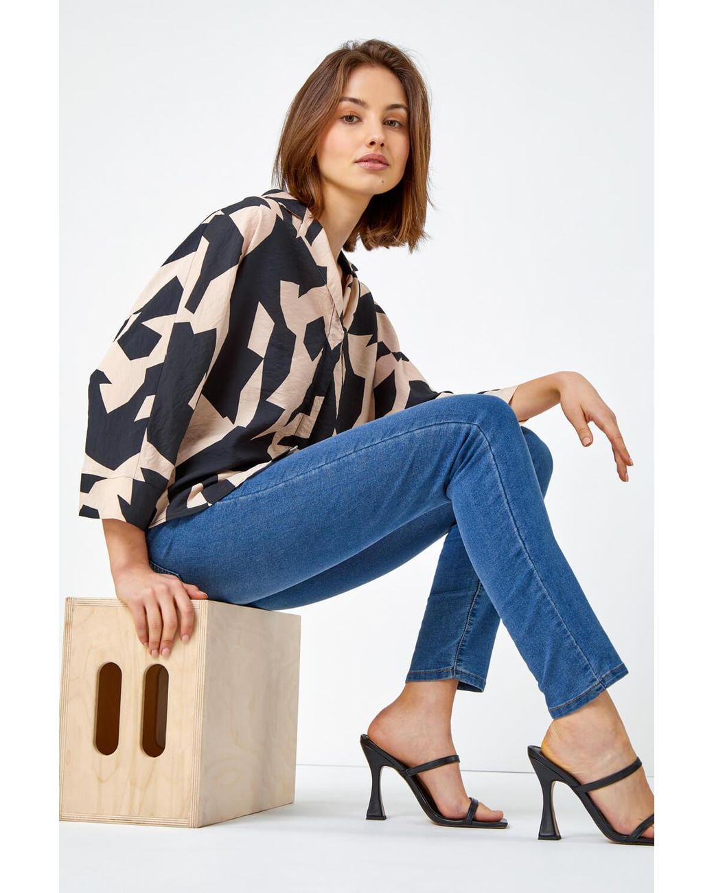 Roman Blue Abstract Print Collared Blouse
