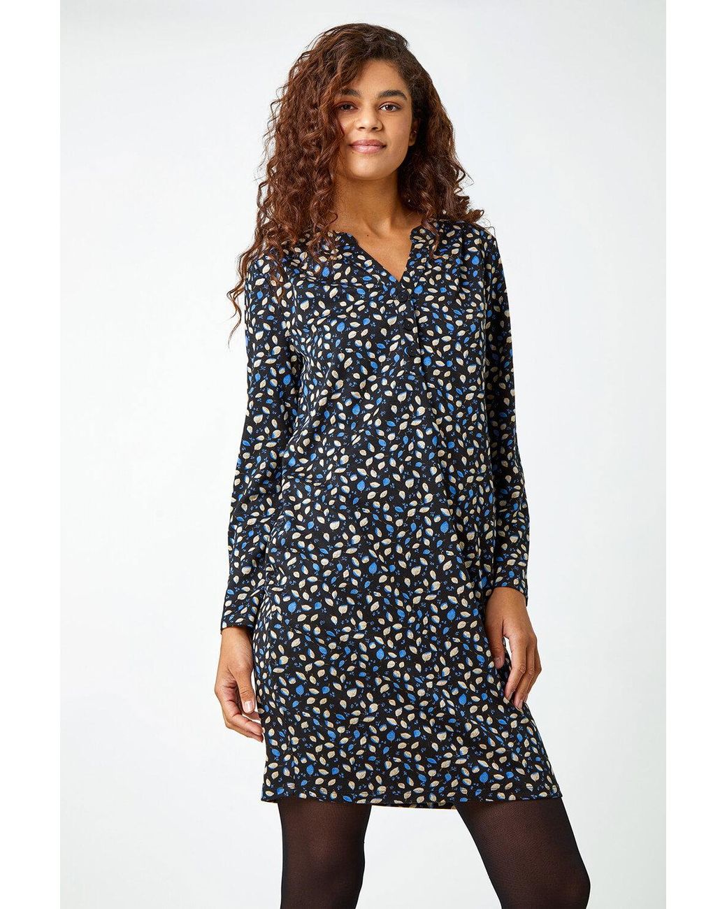 Roman Blue Leaf Print Pocket Shift Dress