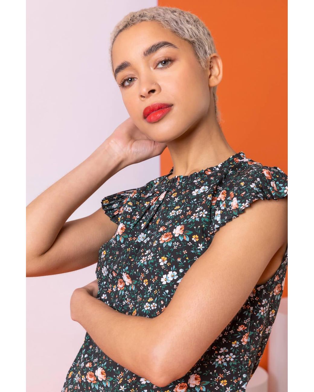 D.u.s.k Black Ditsy Floral Frill Neck Top