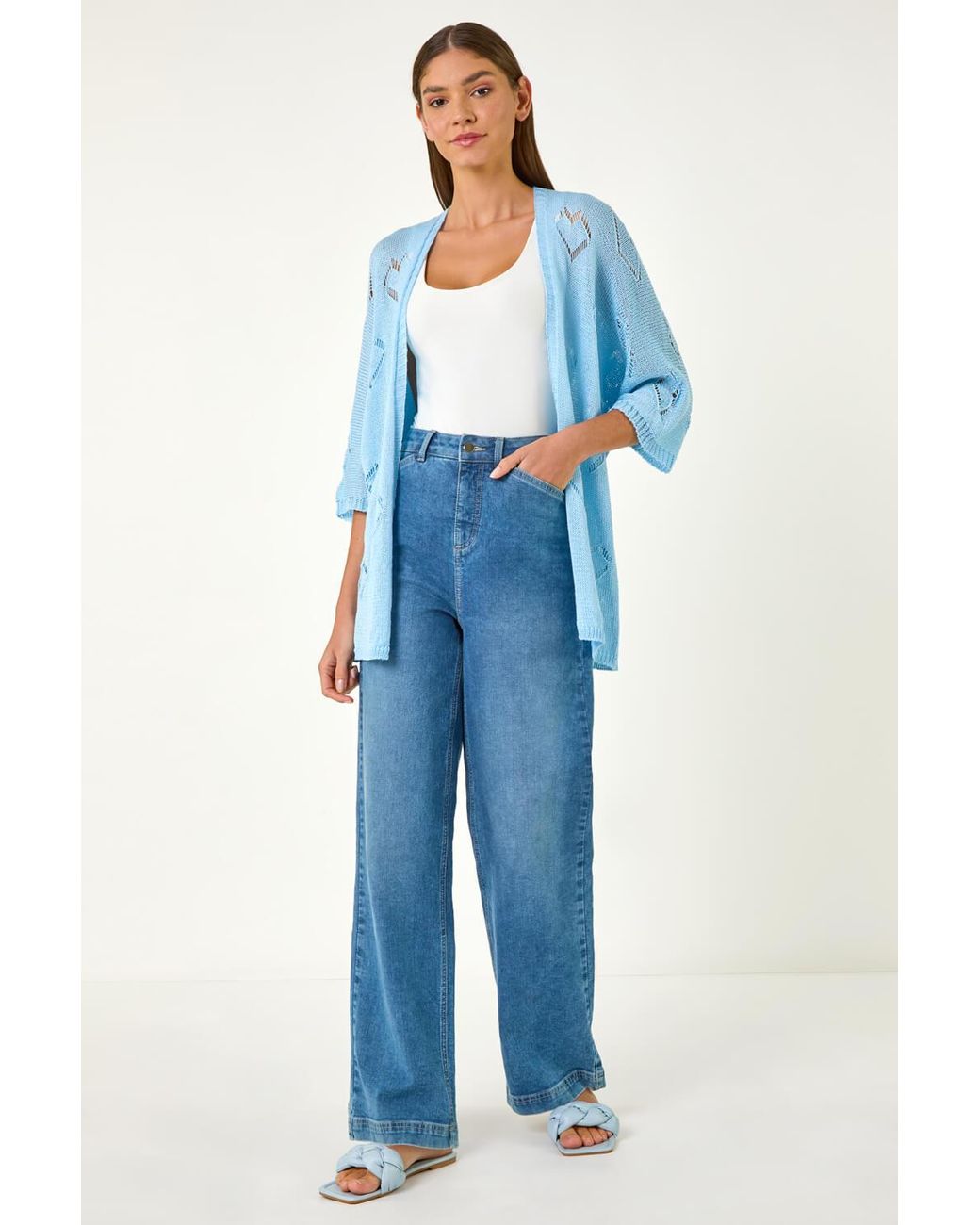 Roman Blue Pointelle Heart Knit Cardigan