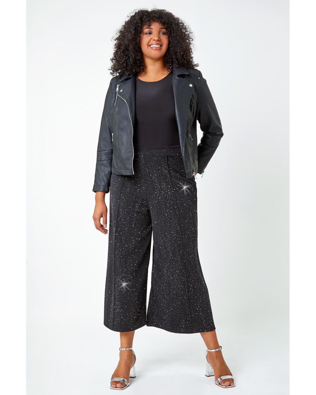 Roman Curve Black Wide Leg Glitter Cropped Trouser
