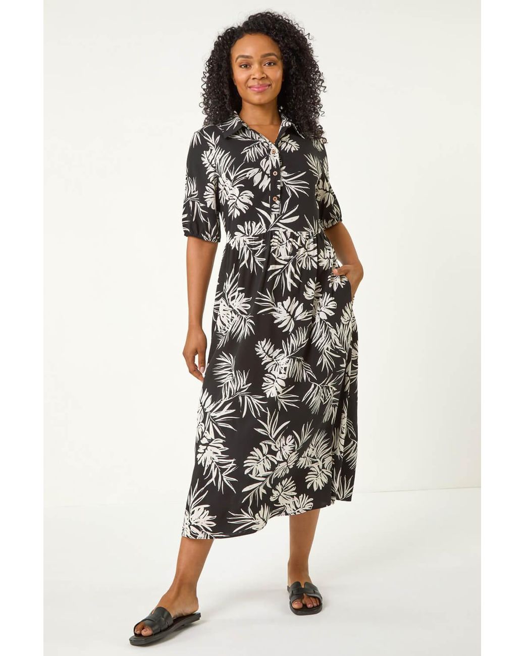 Roman Petite Black Tropical Print Button Midi Dress