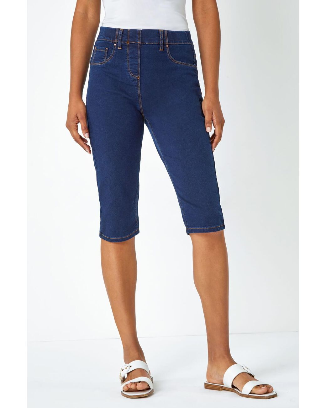 Roman Blue Denim Stretch Knee Length Pedal Pusher