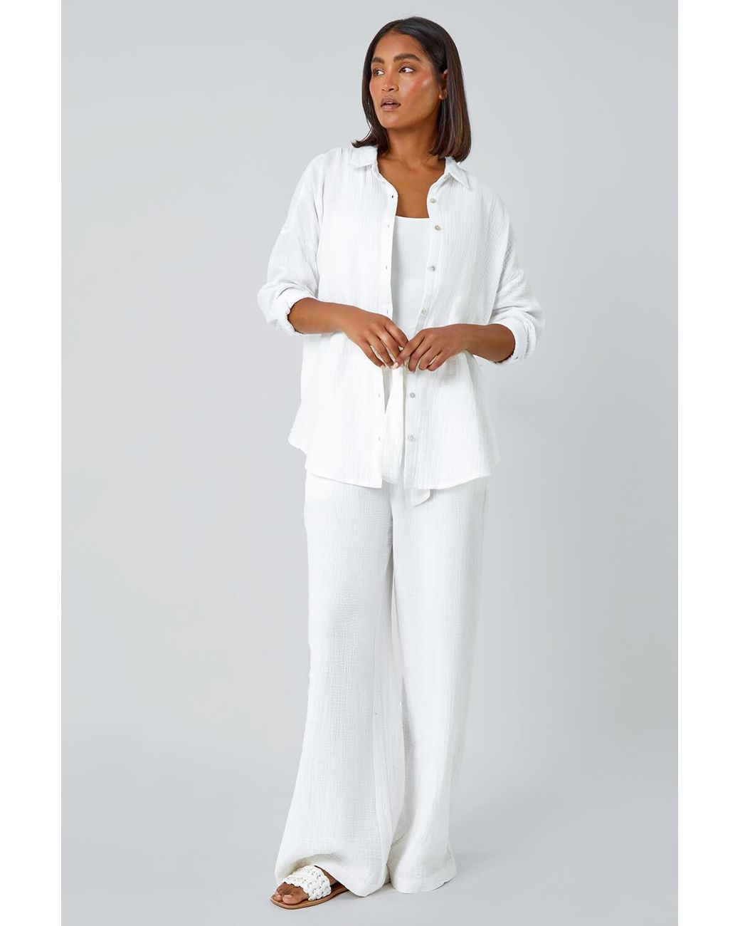 Roman White Cotton Textured Button Shirt
