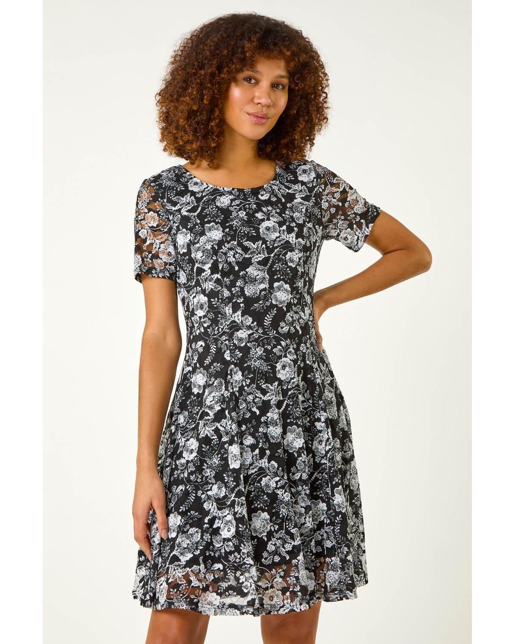 Roman Black Rose Print Lace Stretch Dress