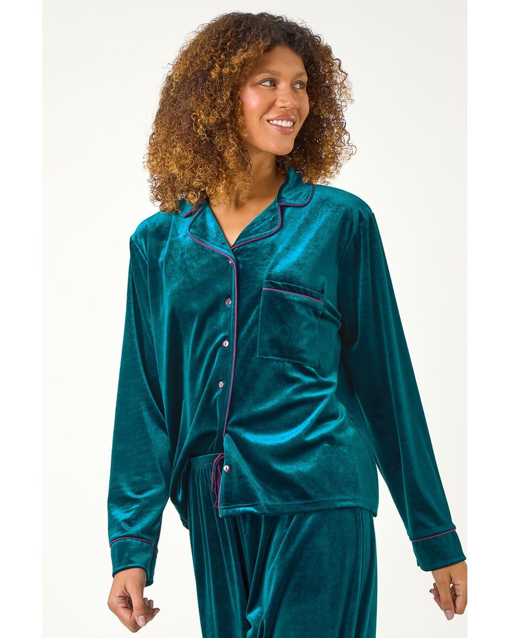 Roman Blue Velvet Revere & Collar Pyjama Set