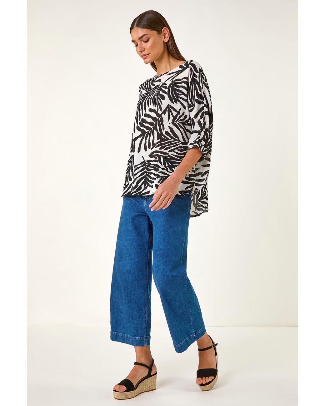Roman Blue Leaf Print Tunic Top