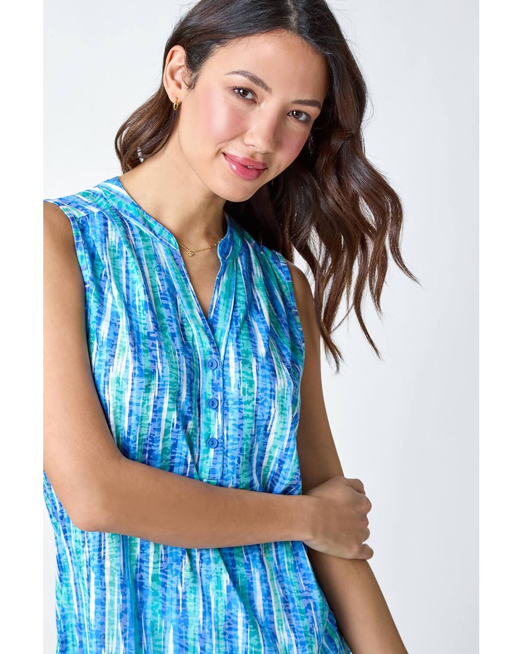Roman Blue Abstract Stripe Burnout V-Neck Pintuck Shirt