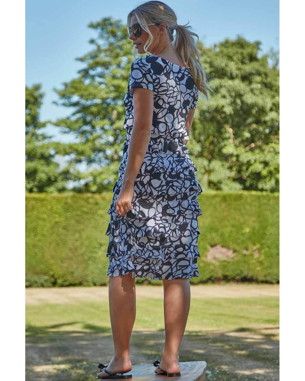 Roman Black Monochrome Print Frill Tiered Dress