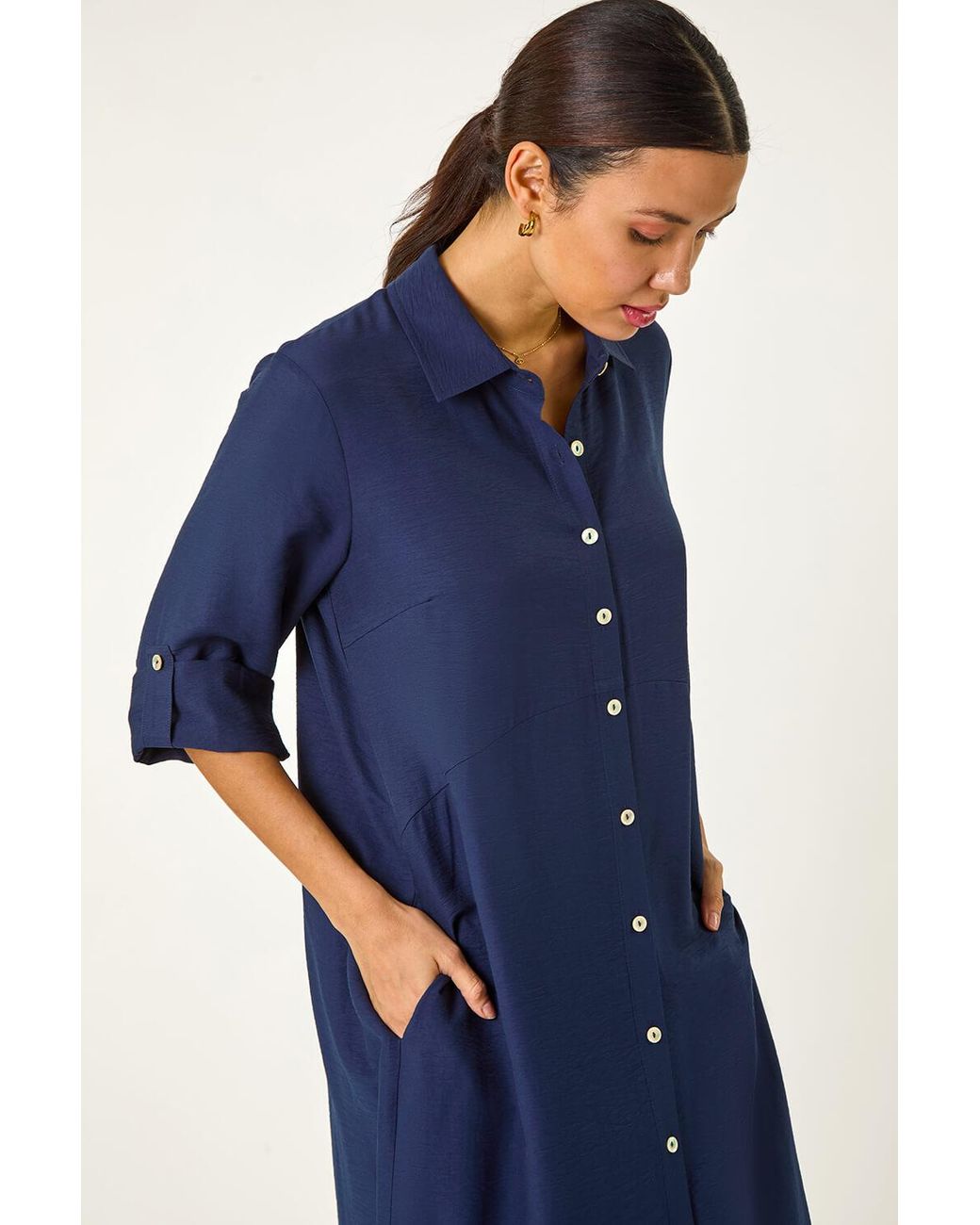 Roman Blue Button Through Shirt Midi Dress