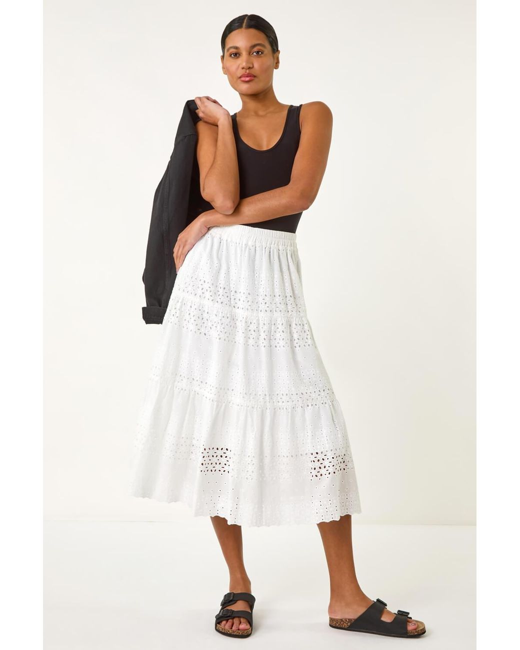 Roman Natural Broderie Cotton A-Line Midi Skirt