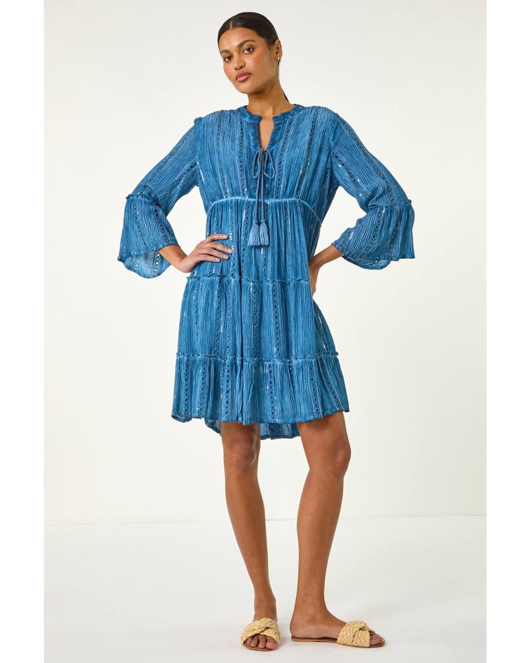 Roman Blue Shimmer Tie Detail Smock Dress