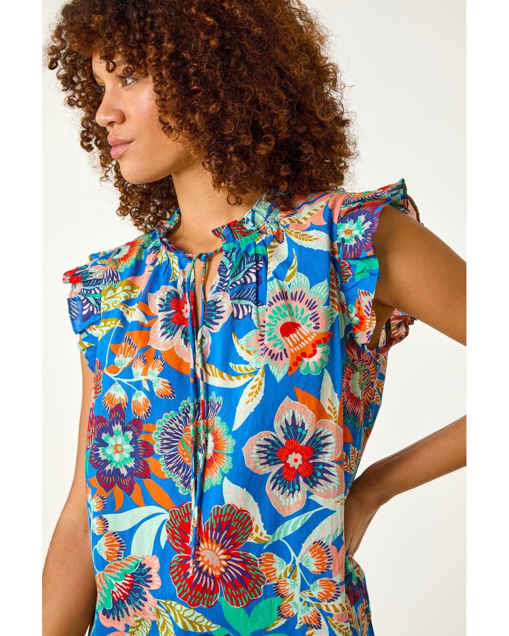 Roman Blue Floral Printed Frill Sleeve Top