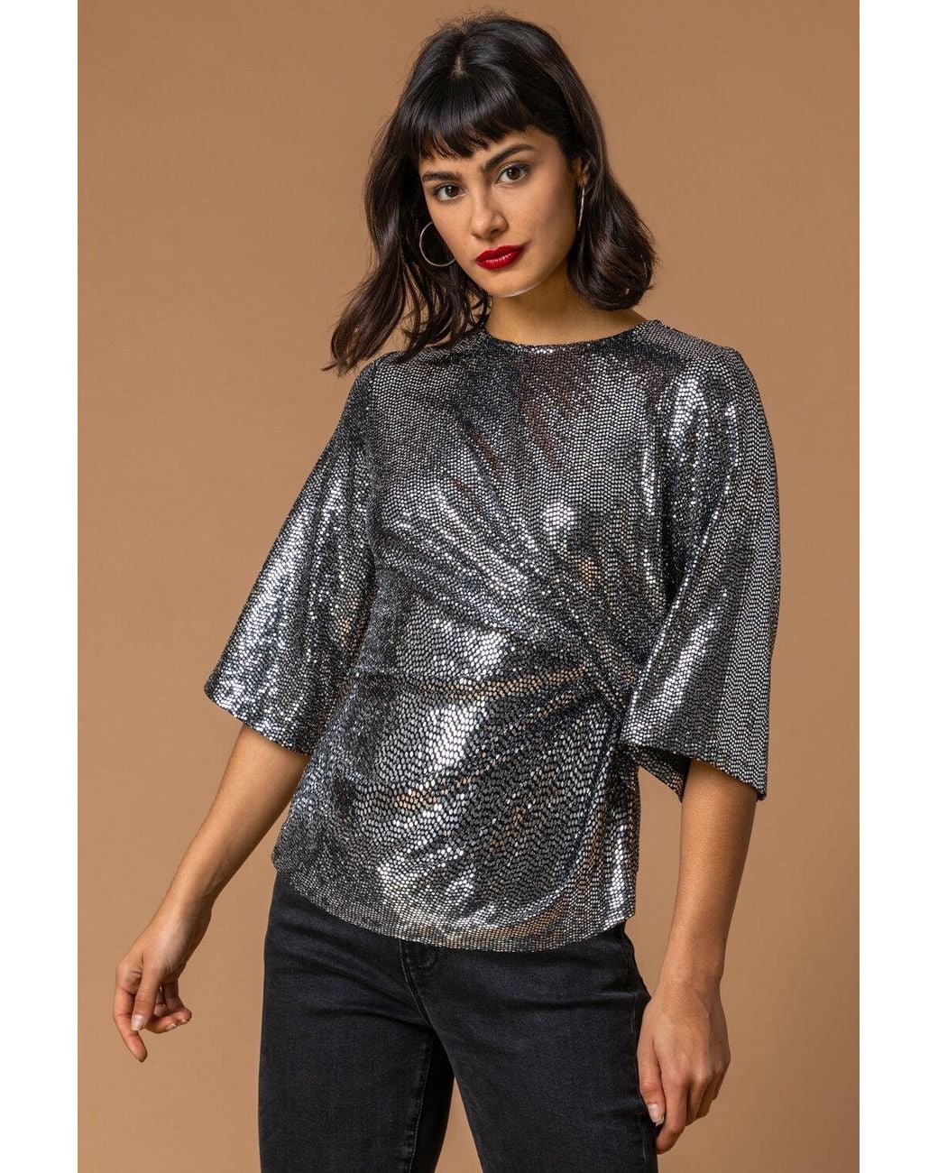 Roman Metallic Shimmer Twist Waist Top