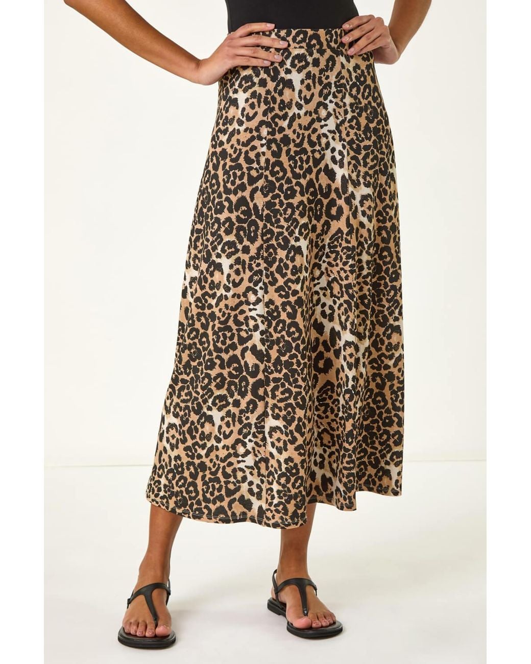 Roman Natural Leopard Print A-Line Midi Skirt
